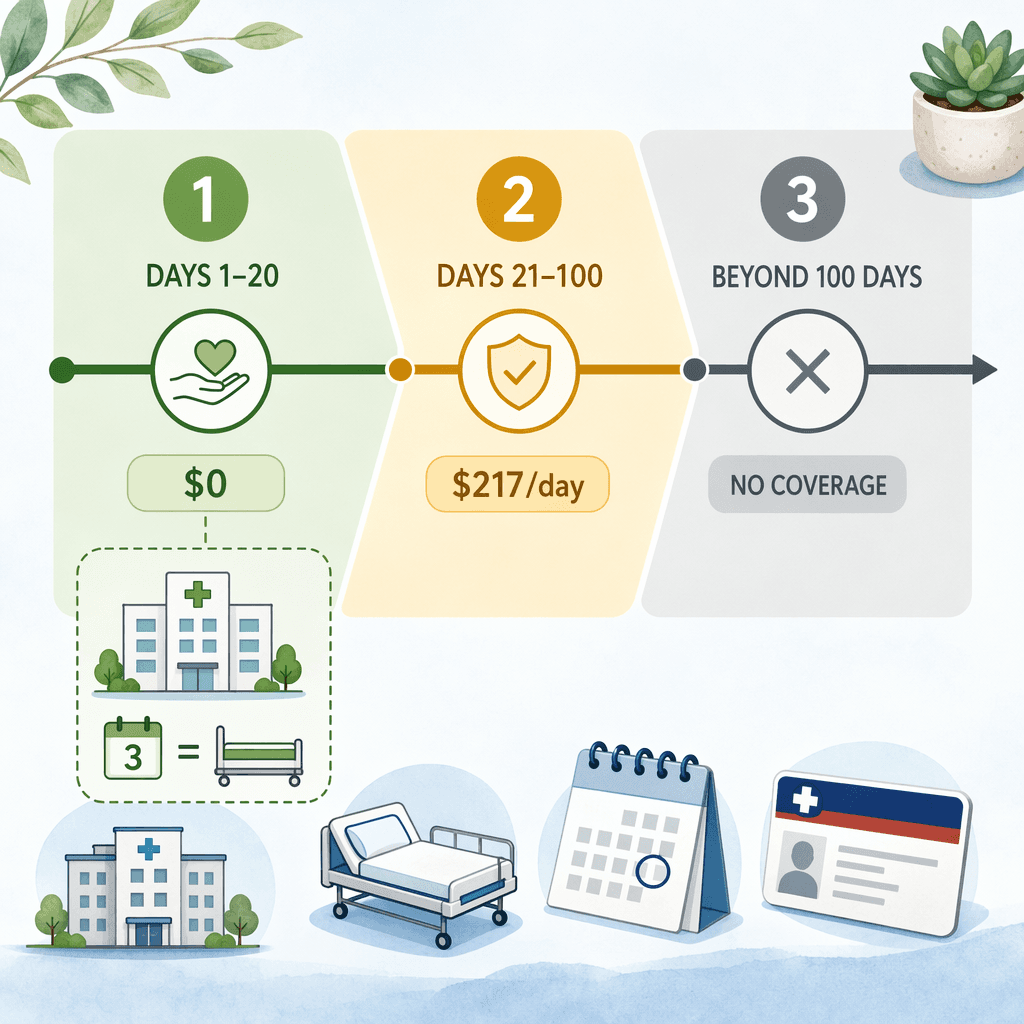 A three-zone infographic showing Medicare SNF coverage phases: days 1-20 at $0, days 21-100 at $217/day, and beyond 100 days with no coverage.
