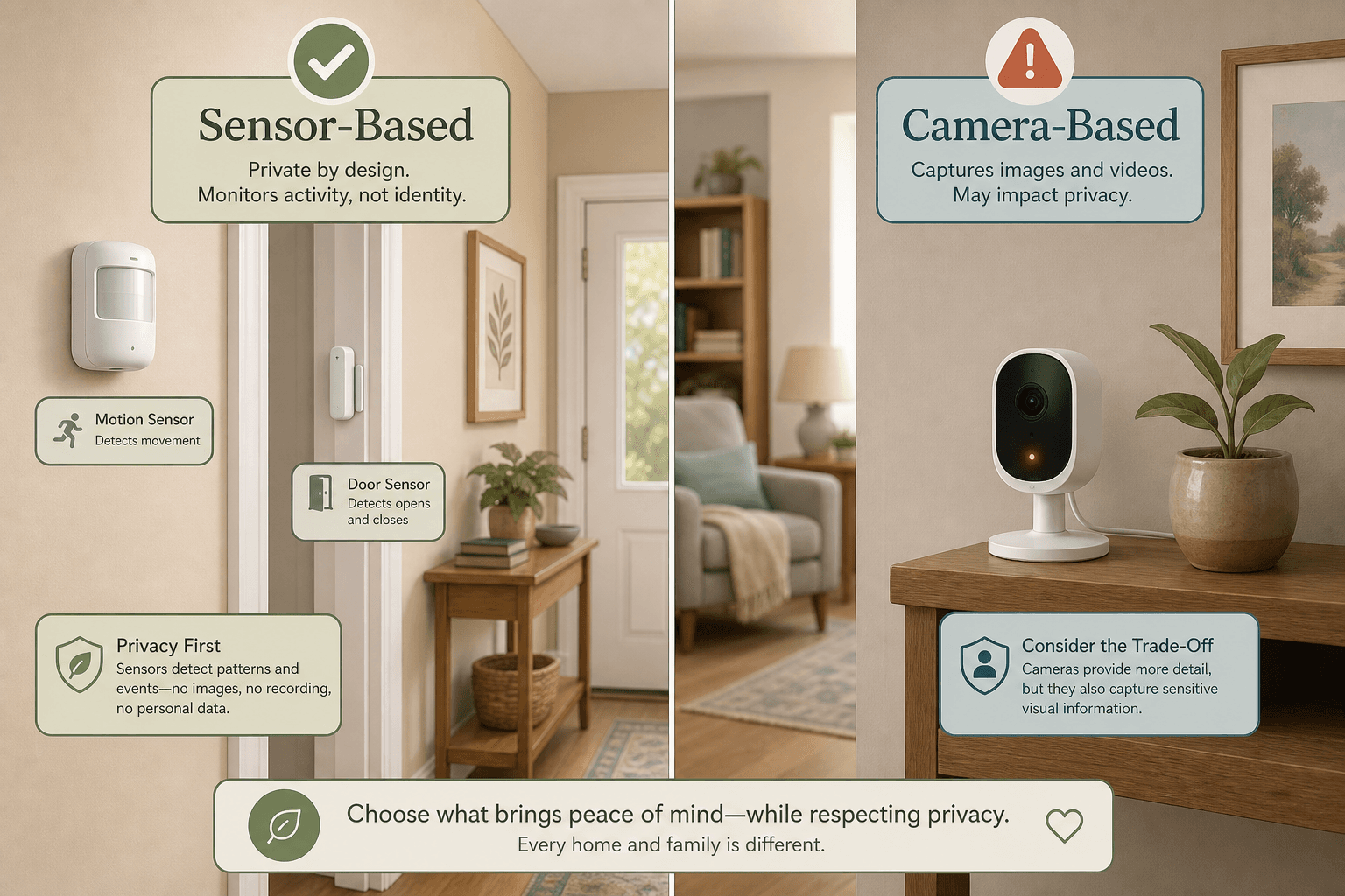 Side-by-side editorial illustration comparing sensor-based monitoring (discreet white wall motion sensor and door sensor with green checkmark) versus camera-based monitoring (indoor camera with red indicator light and caution icon), divided by a vertical line on a warm beige background.