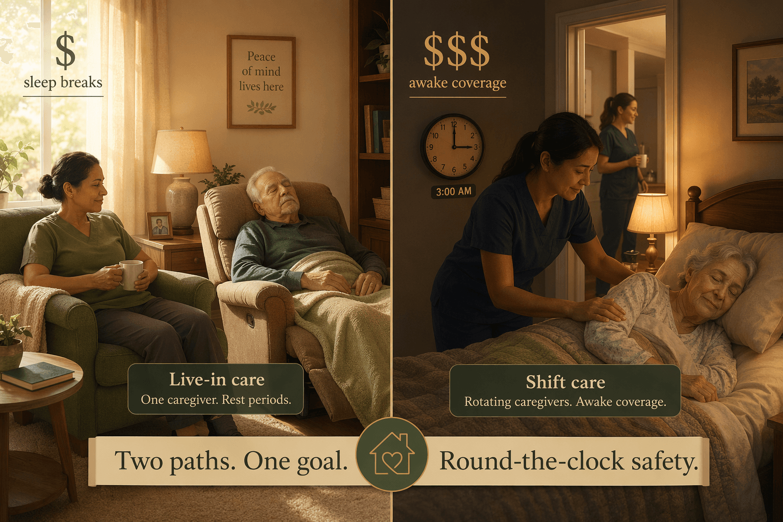 Split-format illustration comparing two home care models. Left side: a calm sunlit living room with one caregiver seated near a sleeping elderly person in a recliner. Right side: a warm nighttime bedroom scene with a caregiver checking on an elderly person at 3 AM and a second caregiver visible through a doorway.