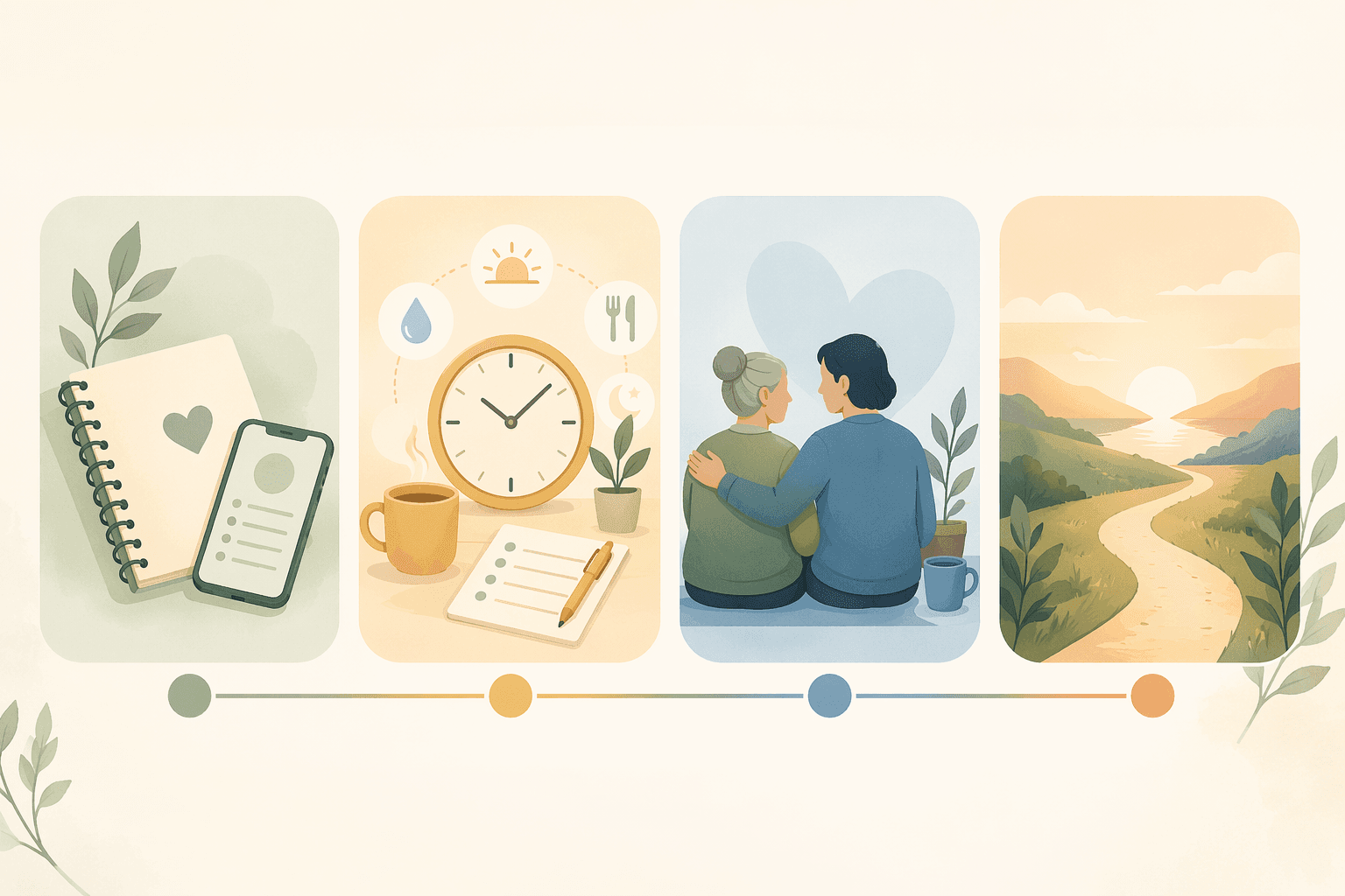 Four soft illustrated segments showing a notebook and phone, a clock, two figures together, and a calm forward horizon