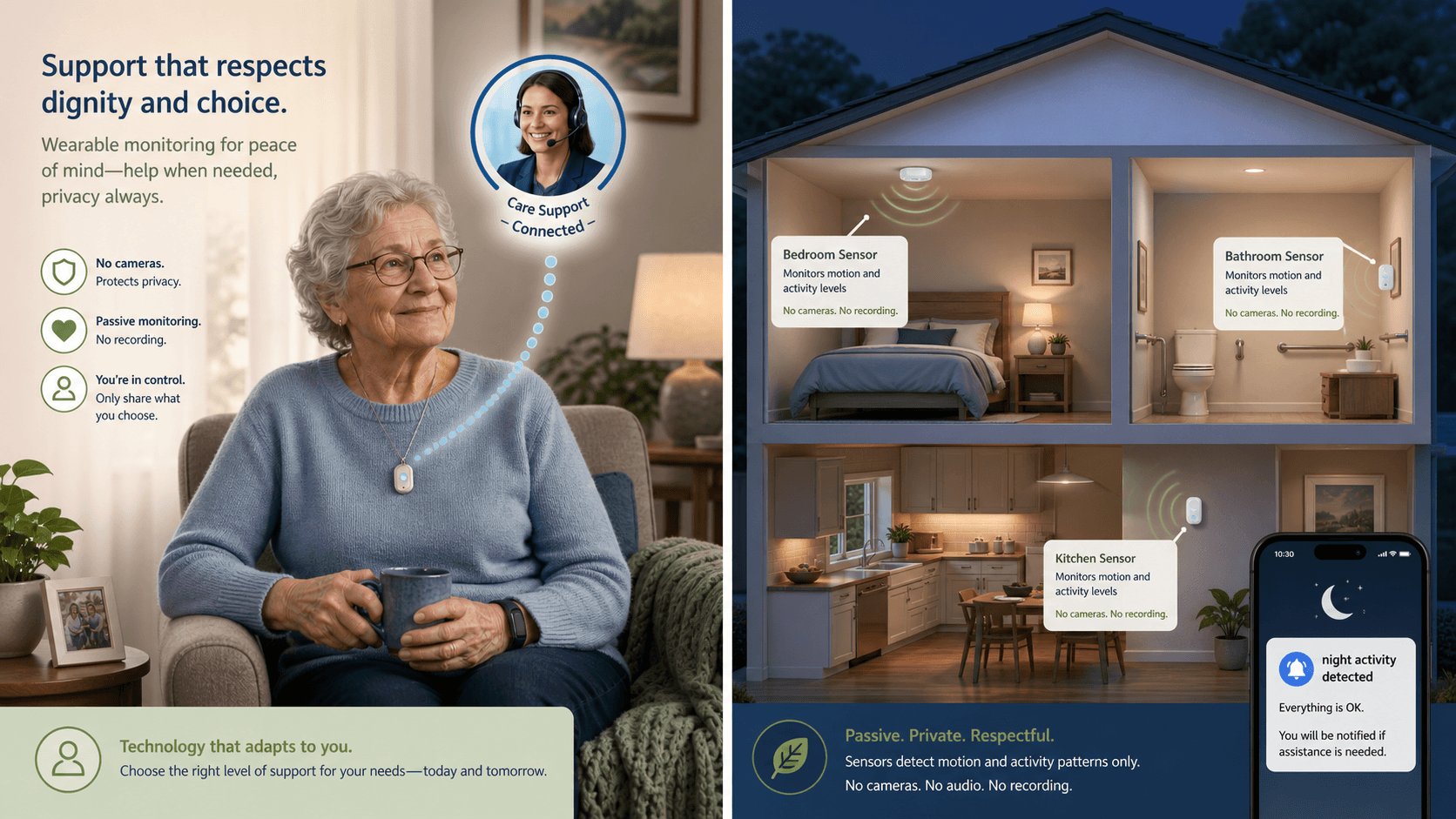 Split-screen illustration comparing a wearable pendant system on the left with a passive home sensor system on the right.