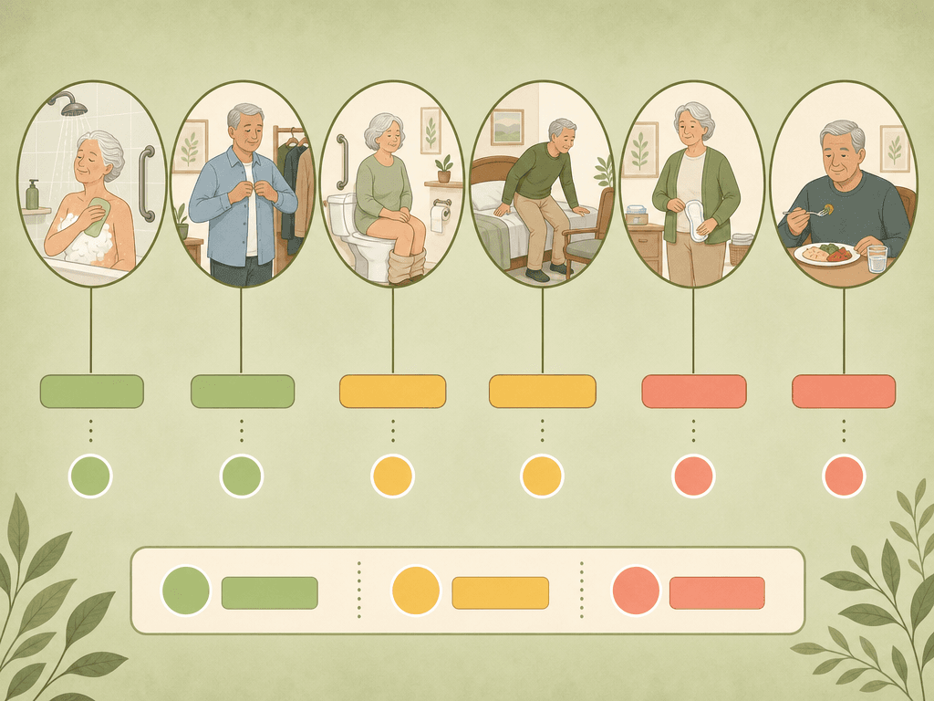 A clean vector reference chart showing six ADL icons (bathing, dressing, toileting, transferring, continence, eating) arranged horizontally, each with a colored indicator bar in light green, warm yellow, or soft coral showing which care level they typically correspond to in assisted living.