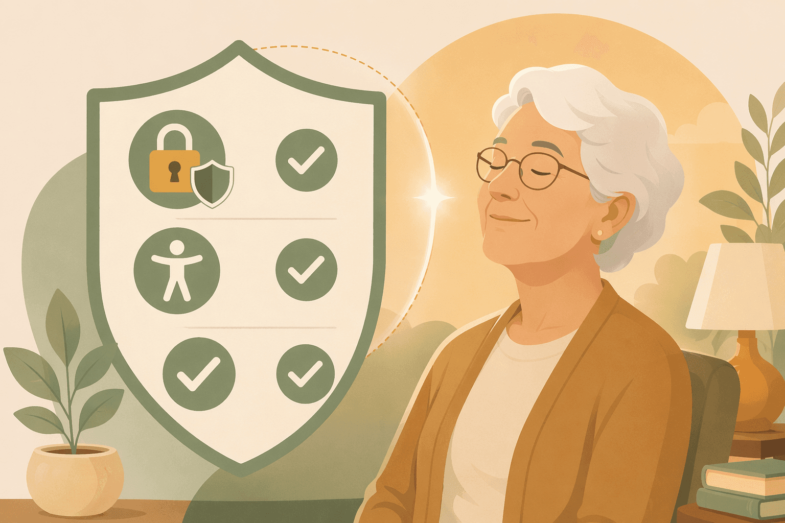A flat vector illustration with a shield icon and a lock icon on one side, a checkmark symbol nearby, and a calm older person silhouette on the other side.