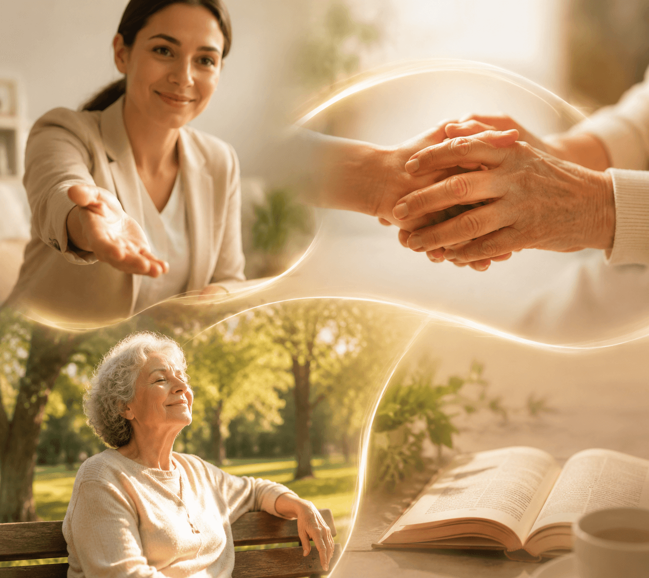 Supportive caregiving system with professional help, hand-holding, rest, and learning