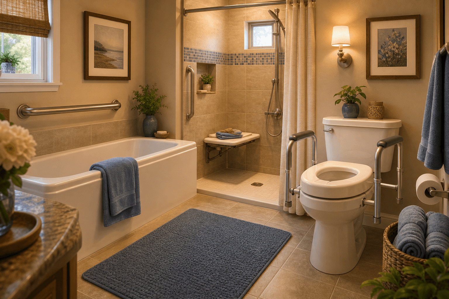 A warm illustration of a modified senior bathroom with a bathtub grab bar, raised toilet seat with bilateral grab bars, a non-slip bath mat, a shower seat, and soft warm lighting in beige and blue tones emphasizing safety and dignity.