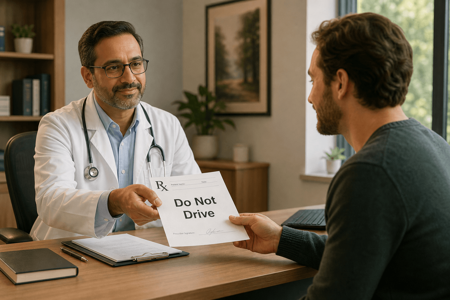 A doctor in a white coat hands a printed letter to an adult child. The letter is partially visible with the words 'Do Not Drive'.