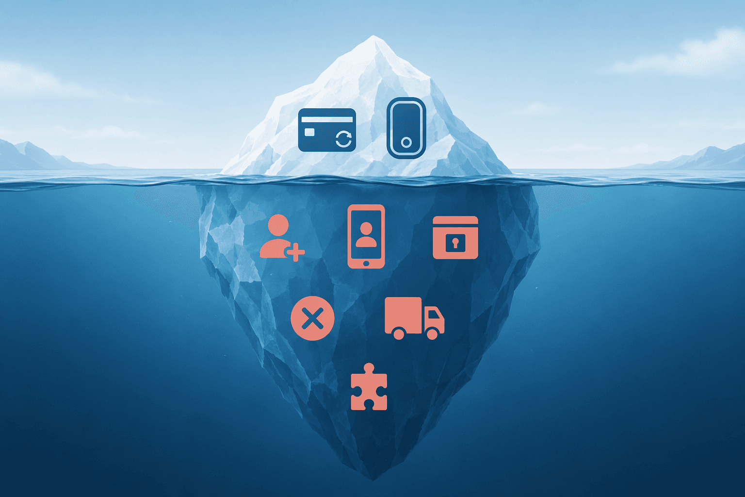 An editorial iceberg illustration: above the waterline, a small visible tip shows a monthly subscription card icon and a device icon representing obvious costs; below the waterline, a larger submerged section shows subtle coral-toned icons for activation fee, caregiver app fee, lockbox fee, cancellation fee, return shipping, and add-on charges, conveying that most costs are hidden below the surface.
