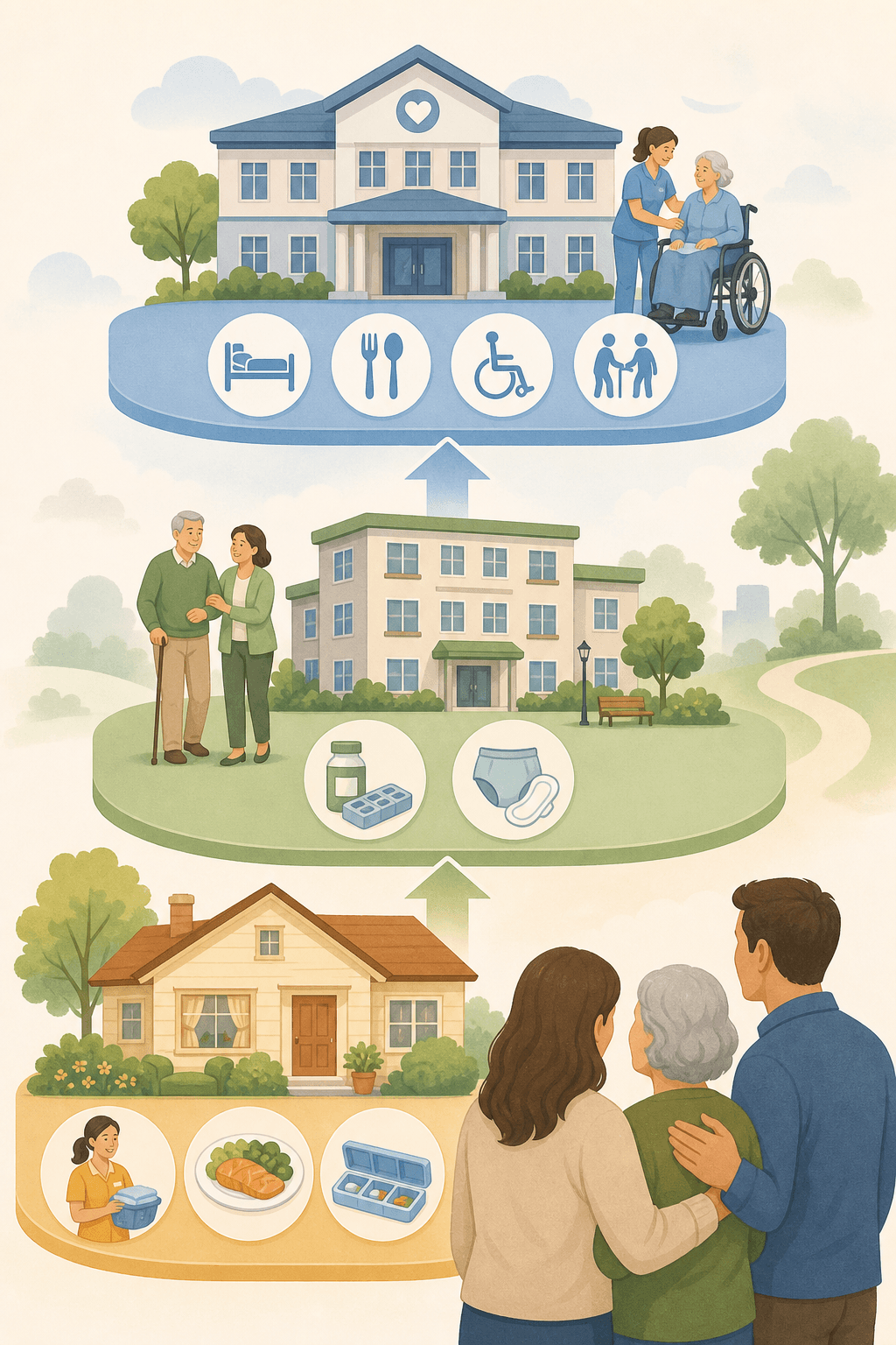 Three-level illustration showing escalating care from home support to assisted living to skilled nursing.