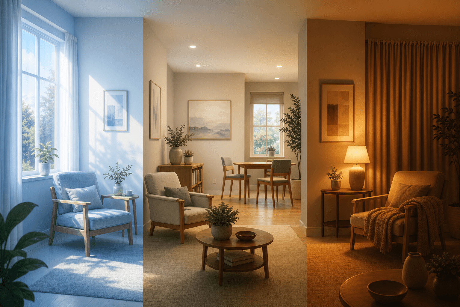 A triptych showing three lighting environments across a day: bright cool daylight in the morning, neutral balanced light at midday, and warm amber lamp light in the evening with curtains drawn.