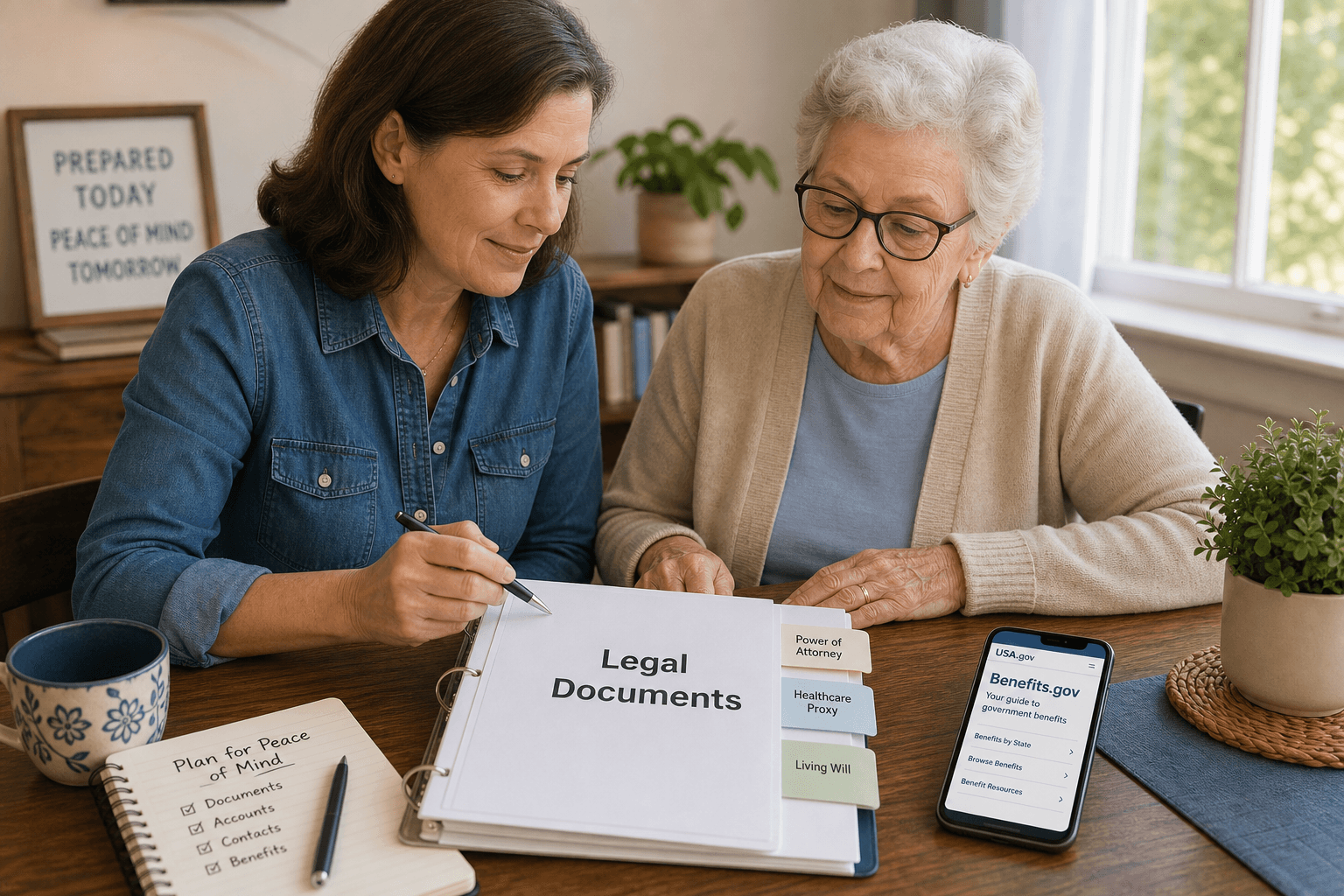 An adult child and their older parent sit at a wooden table reviewing a binder labeled 'Legal Documents' with tabs for Power of Attorney, Healthcare Proxy, and Living Will. A smartphone showing a government benefits website sits nearby. Warm natural lighting. Calm, prepared atmosphere.
