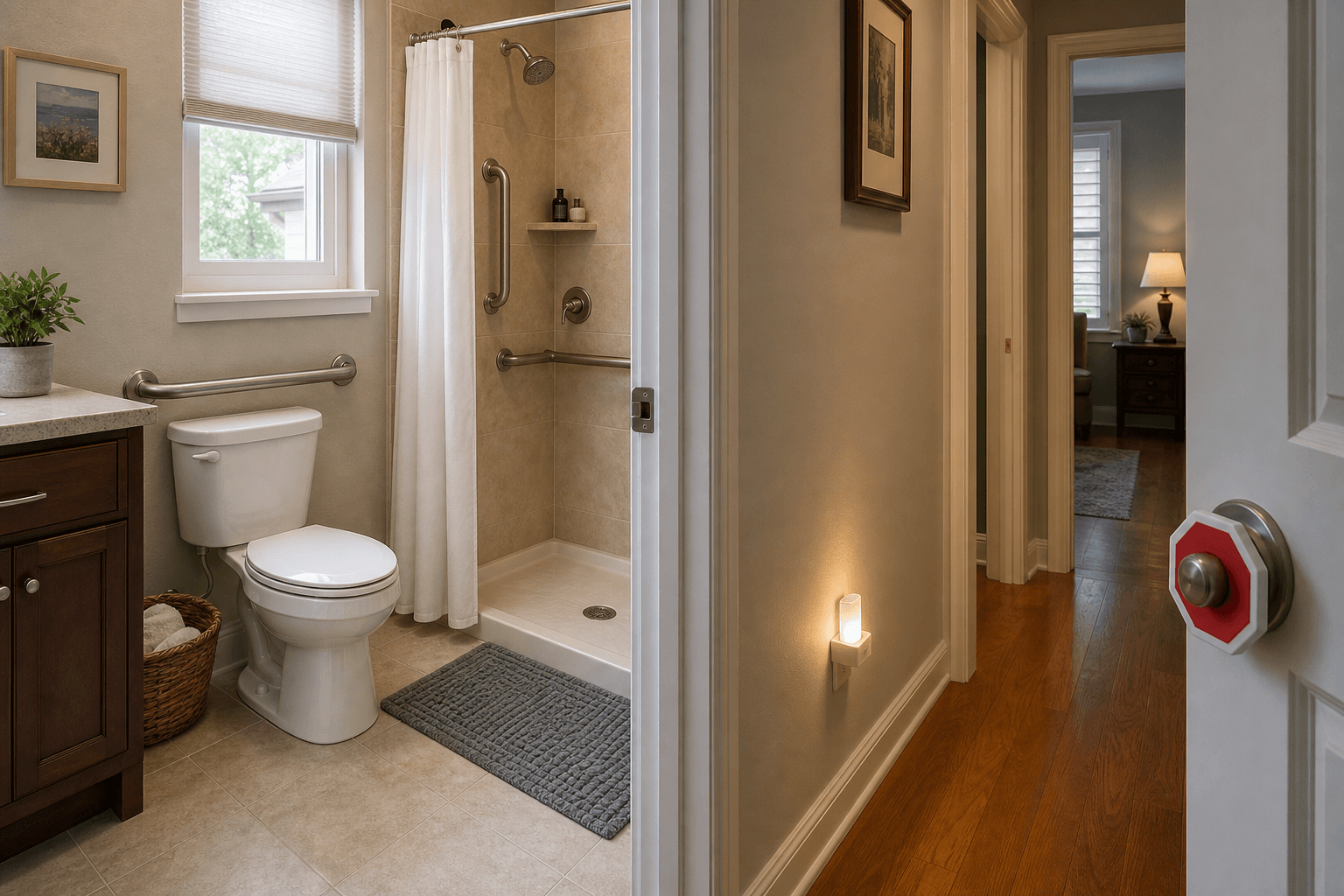 A home bathroom and hallway showing grab bars beside a toilet and inside a shower, a non-slip bath mat, a soft nightlight, a latched cabinet, and a door handle cover — all integrated naturally into a warm domestic setting.