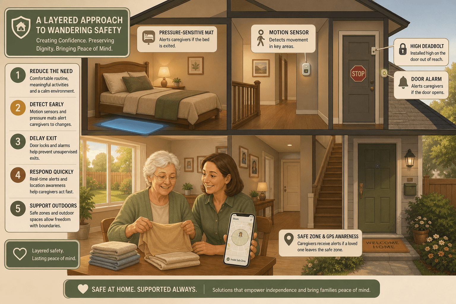 A warm cross-section illustration of a two-story family home showing a layered dementia wandering safety approach. In the foreground, a smiling older adult folds laundry with a caregiver at a table near a sunlit window showing a fenced yard. In the bedroom, a blue glowing pressure mat sits beside the bed with an amber night light. A motion sensor is visible in the hallway. The exterior door features a high-placed deadbolt, a small door alarm indicator, and a STOP sign. The caregiver holds a smartphone with a map showing a circular safe-zone boundary. Soft amber, sage green, and warm gray tones. Clean vector illustration style.
