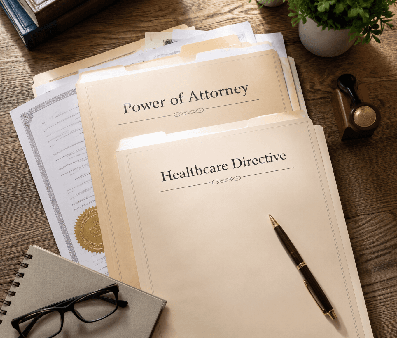 Power of Attorney and healthcare directive folders arranged with legal paperwork