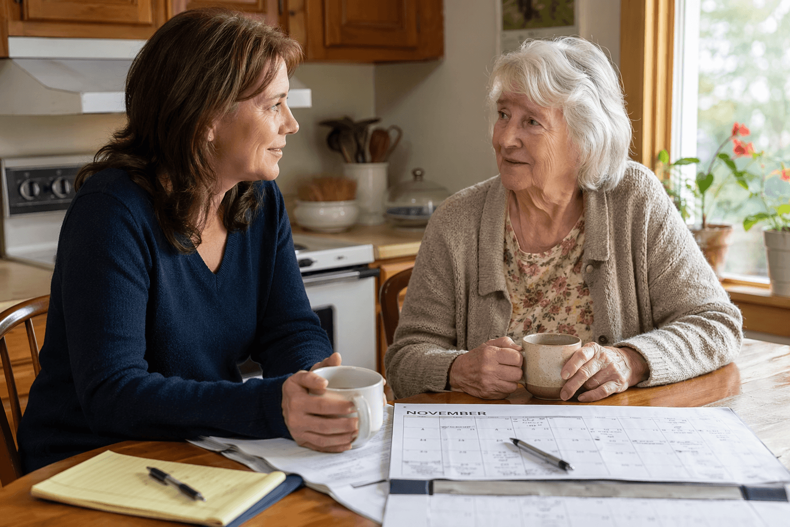 An adult woman in her late 40s sits at a sunlit kitchen table across from her elderly mother with silver hair. Both hold coffee mugs, with papers and a wall calendar spread on the table.