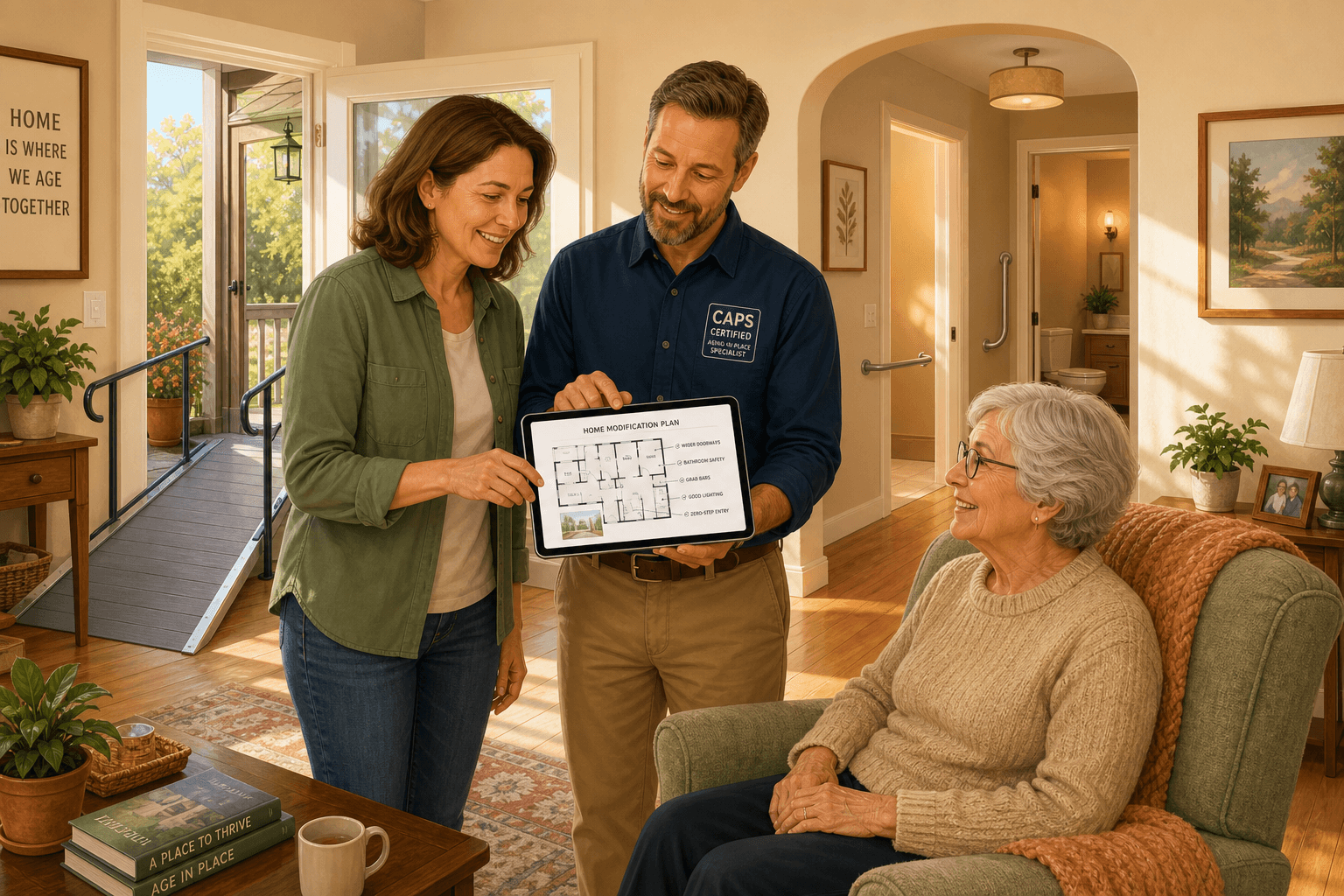 A family caregiver in their 40s and a CAPS-certified specialist review a home modification plan on a tablet while an older adult sits comfortably nearby in a sunlit living room with visible accessible features including a widened doorway, grab bar, and entry ramp.
