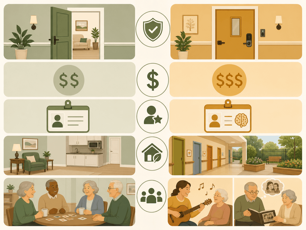 Comparison infographic showing five dimensions of assisted living versus memory care with icons.