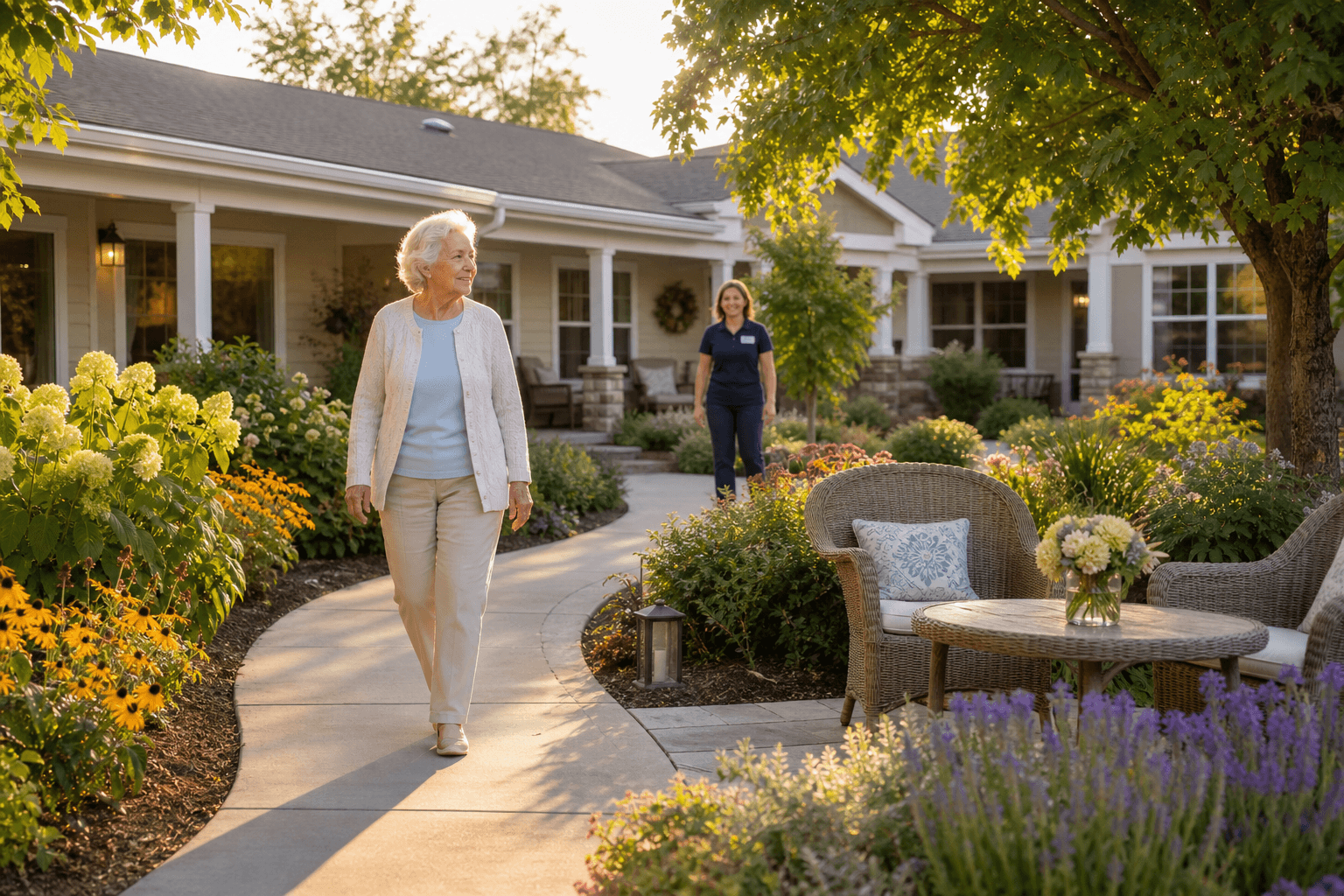 A sunlit outdoor courtyard at a memory care community with a curved garden path, flowers, and a wicker seating area. An older adult walks calmly while a caregiver stands at a respectful distance.