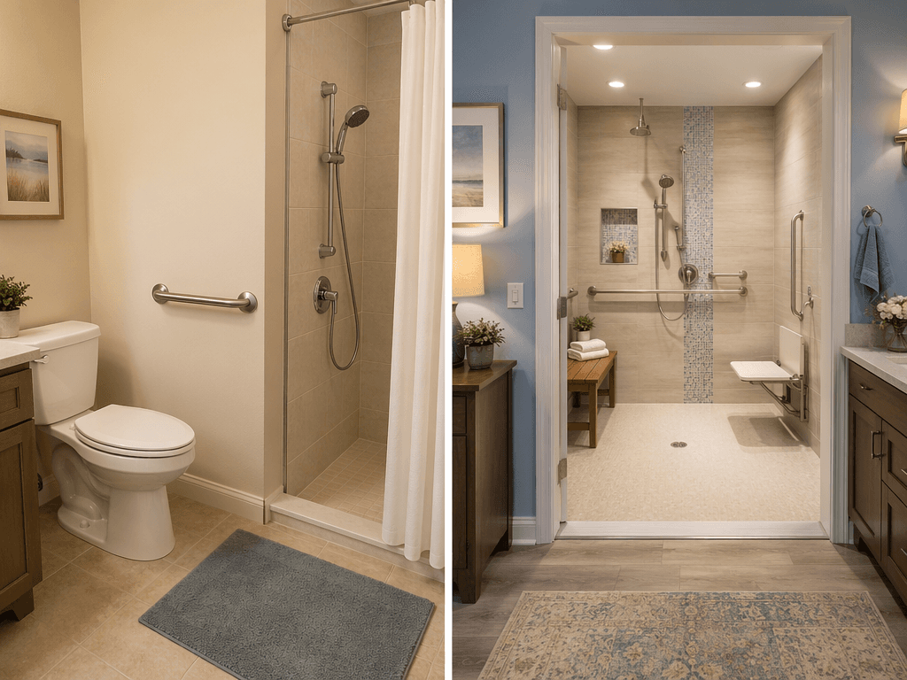 Split-scene bathroom comparison. Left side: a simple modification with a single grab bar installed next to a toilet and a handheld shower head. Right side: a complex accessible remodel with a curbless roll-in shower, built-in bench, wider doorway, and non-slip flooring.
