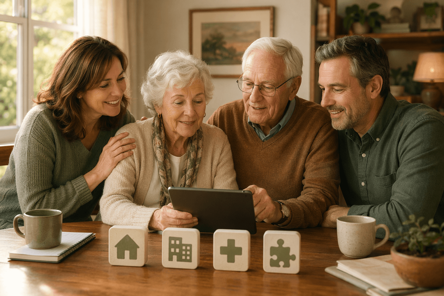 A multi-generational family seated at a wooden table reviewing a tablet with care option icons.