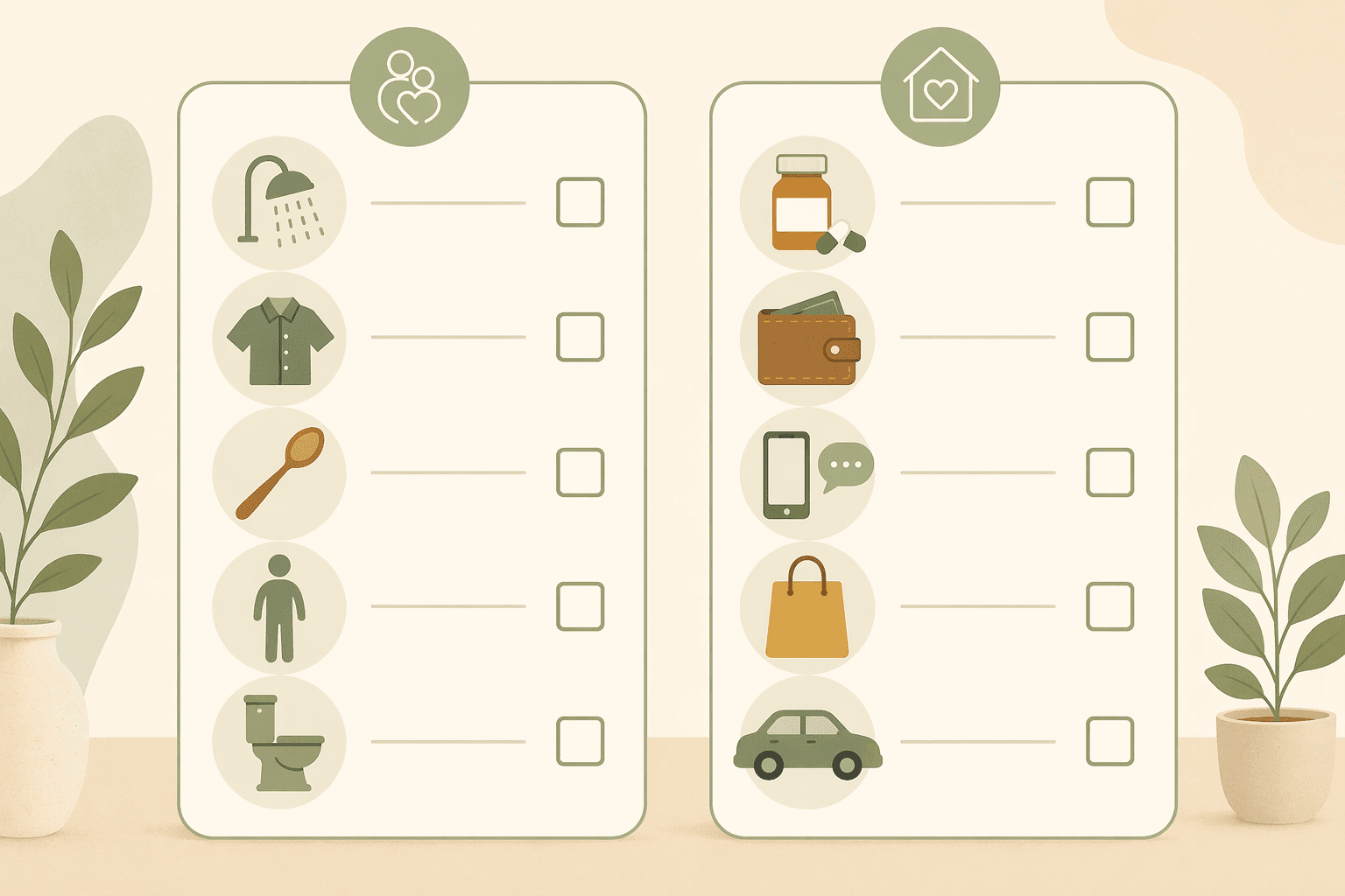 Two columns of simple icons on a warm beige background: left column with shower, shirt, spoon, standing figure, toilet icons; right column with pill bottle, wallet, phone, shopping bag, car icons, representing ADL and IADL assessment categories.