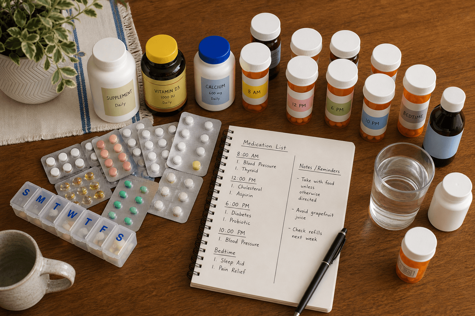 An overhead view of a kitchen table with numerous prescription bottles, blister packs, and supplement containers alongside a handwritten medication list.