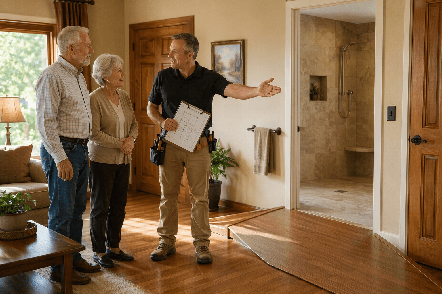 A CAPS-certified professional with a tool belt and clipboard discusses home modifications with an older adult couple in a sunlit living room, with accessible features like a curbless shower and wooden grab bar visible through a doorway.