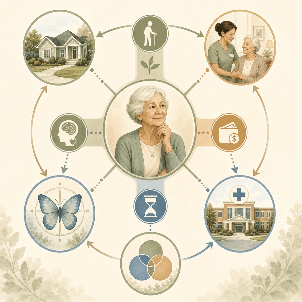 A circular decision matrix illustration with a senior adult at the center and four branches — ADL Needs, Cognitive Status, Budget, and Timeline — each leading to icon representations of five facility types: Independent Living, Assisted Living, Memory Care, Nursing Home, and CCRC.