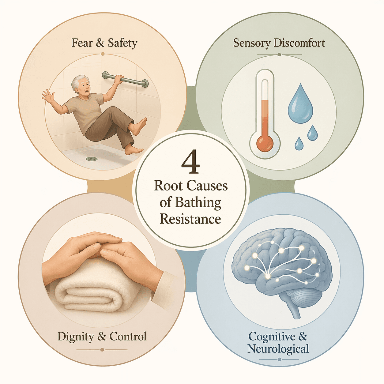 An editorial infographic with four interconnected circles representing the four root causes of bathing resistance: Fear & Safety, Sensory Discomfort, Dignity & Control, and Cognitive & Neurological.