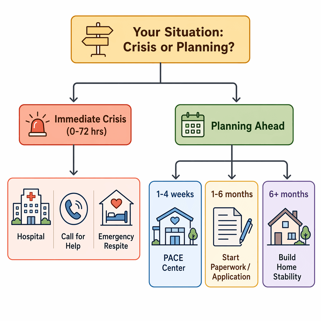 A decision-tree flowchart illustration starting with 'Your Situation: Crisis or Planning?' branching into two paths. Left path 'Immediate Crisis (0-72 hrs)' leads to icons of a hospital, telephone, and emergency respite symbol. Right path 'Planning Ahead' splits into three sub-branches: '1-4 weeks' with a PACE center icon, '1-6 months' with document icons, and '6+ months' with a home stability icon.