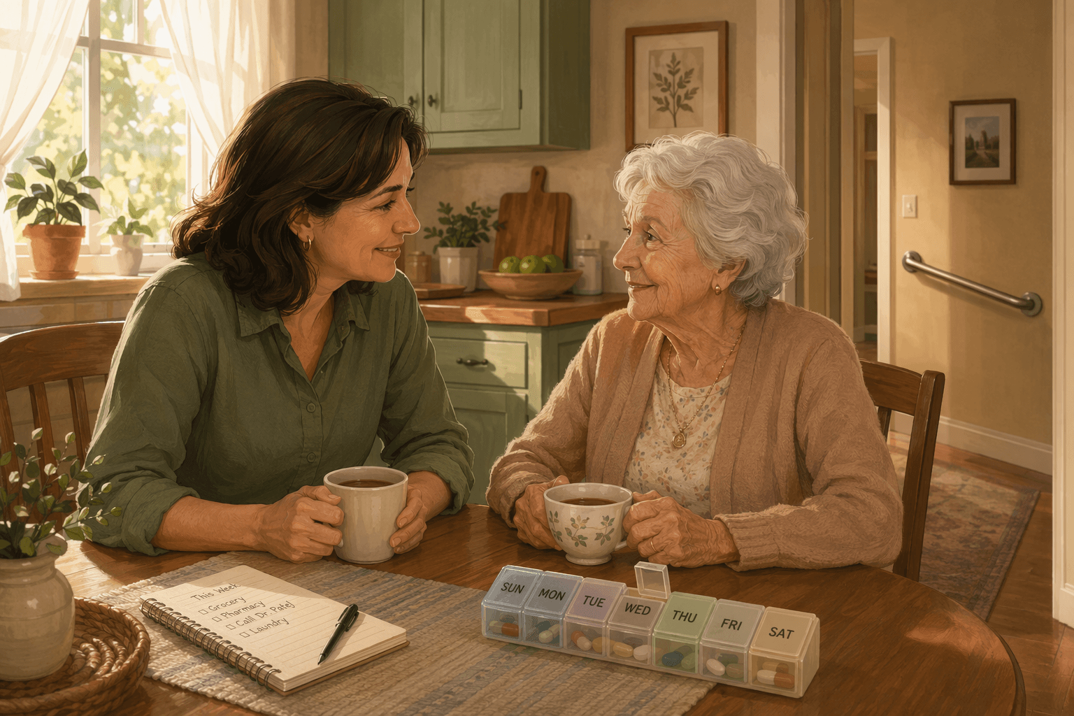 A middle-aged woman and her elderly mother sit at a wooden kitchen table with tea, a notebook, and a weekly pill organizer. Soft morning light and warm earth tones create a calm, connected atmosphere.