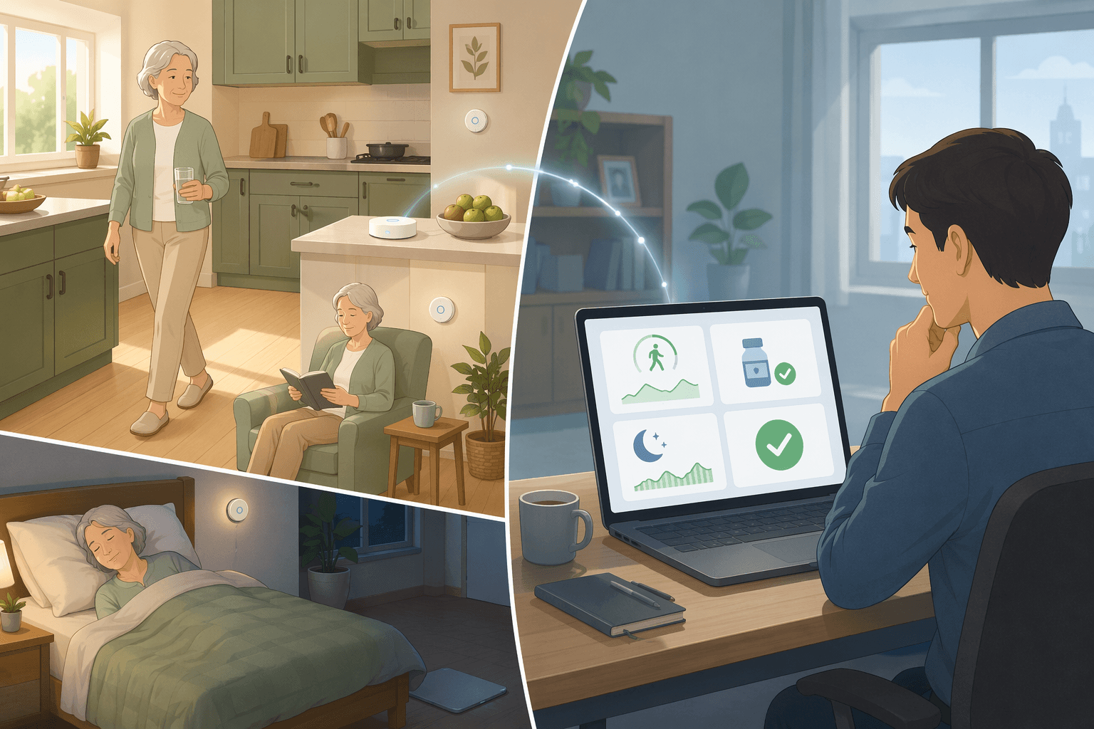Split-view illustration: left side shows an older adult moving naturally through daily activities in a home with small unobtrusive sensor icons on walls, a bed mat, and a counter hub; right side shows an adult child at a desk viewing a clean laptop dashboard with activity status indicators and a green 'all clear' icon; a subtle glowing line connects the two scenes.