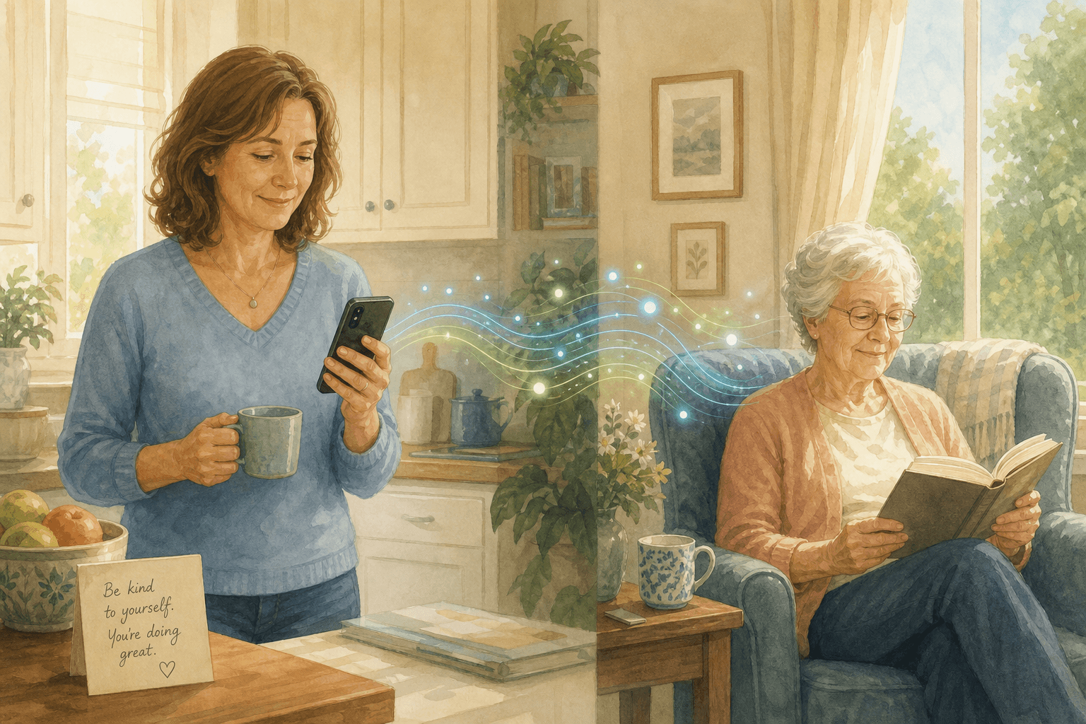 An adult child in a sunlit kitchen looks at a smartphone with a relieved expression while an elderly parent reads a book in an armchair across the image. Soft blue and green dots and wave lines flow between the two spaces, representing a connection through monitoring technology.