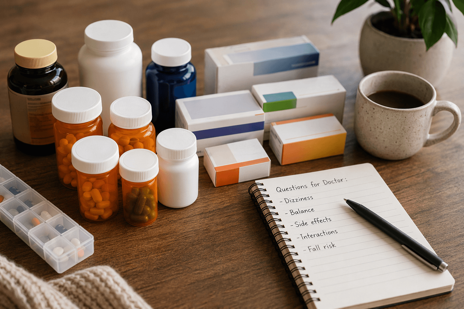 Prescription bottles, over-the-counter medicines, supplements, a notepad, and a pen arranged for a medication review