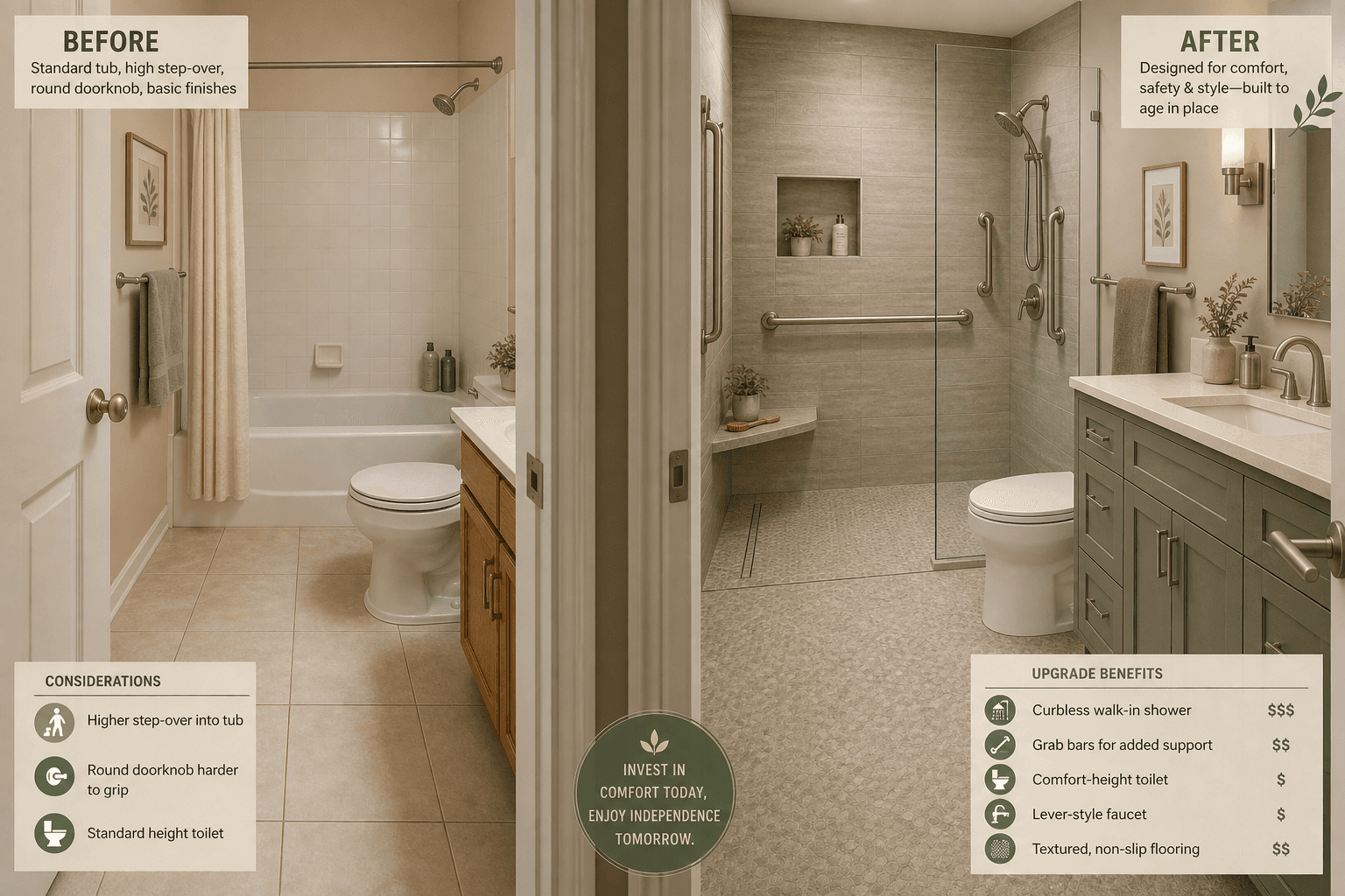 Split-screen editorial illustration of a bathroom aging-in-place remodel: left side shows a standard tub with high step-over barrier and round doorknob, right side shows a curbless walk-in shower with grab bars, comfort-height toilet, lever faucet, and non-slip flooring, with small dollar-sign cost indicators.