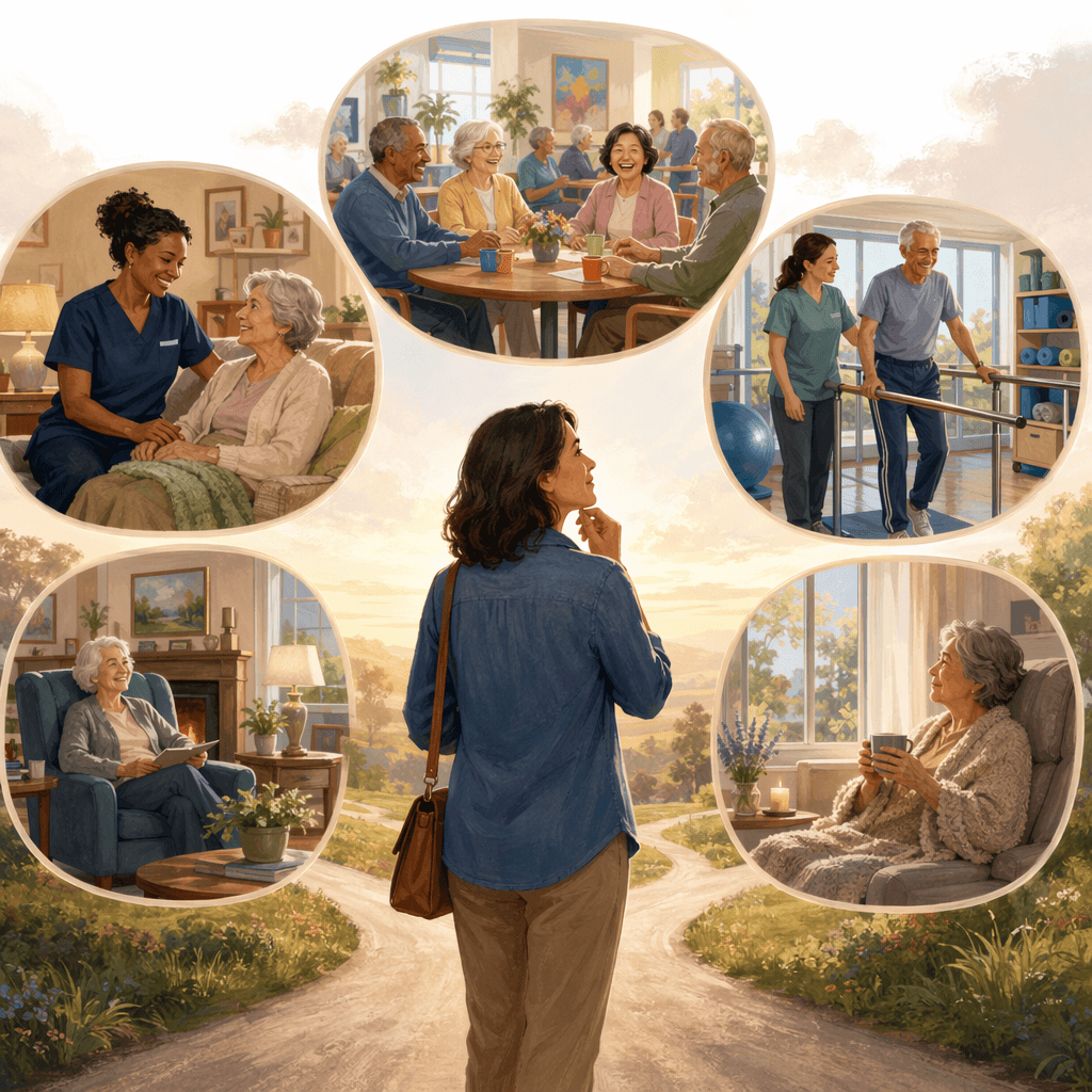A family caregiver surrounded by five circular vignettes representing different short-term care options.