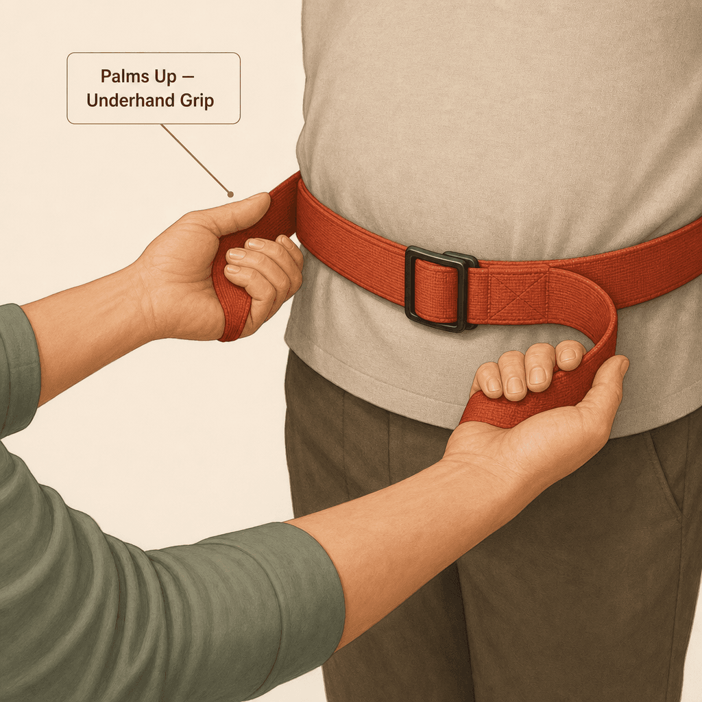 Close-up illustration of a caregiver's hands demonstrating the underhand grip (palms facing upward) on an orange gait belt worn around the care recipient's waist over clothing. Small callout reads 'Palms Up — Underhand Grip'.