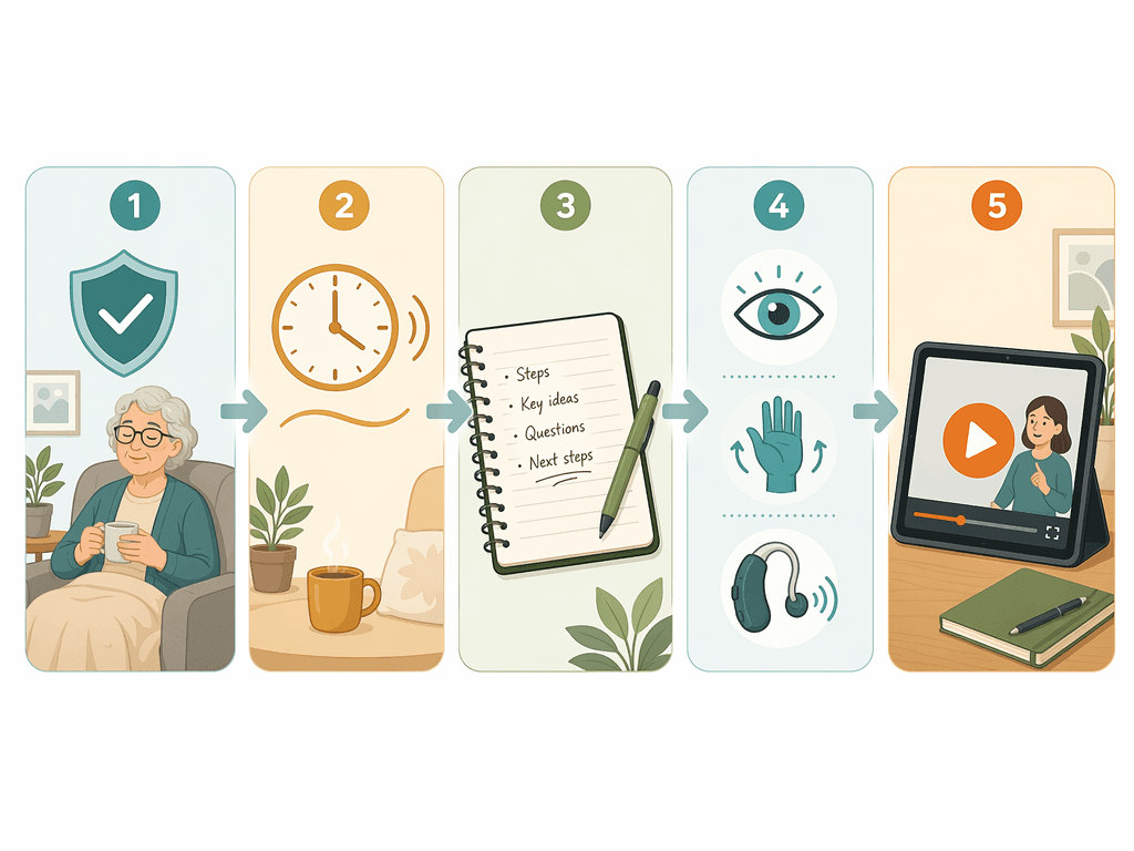 Five-panel sequential illustration showing the teaching protocol: start with security, go slow, write it down, adapt to physical needs, use video tutorials.