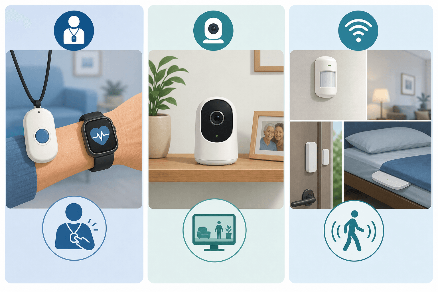 An infographic-style illustration showing three monitoring technology approaches: a medical alert pendant and smartwatch for active/wearable, an indoor camera for camera-based, and wall motion sensors, a door sensor, and a bed sensor for passive sensor monitoring.