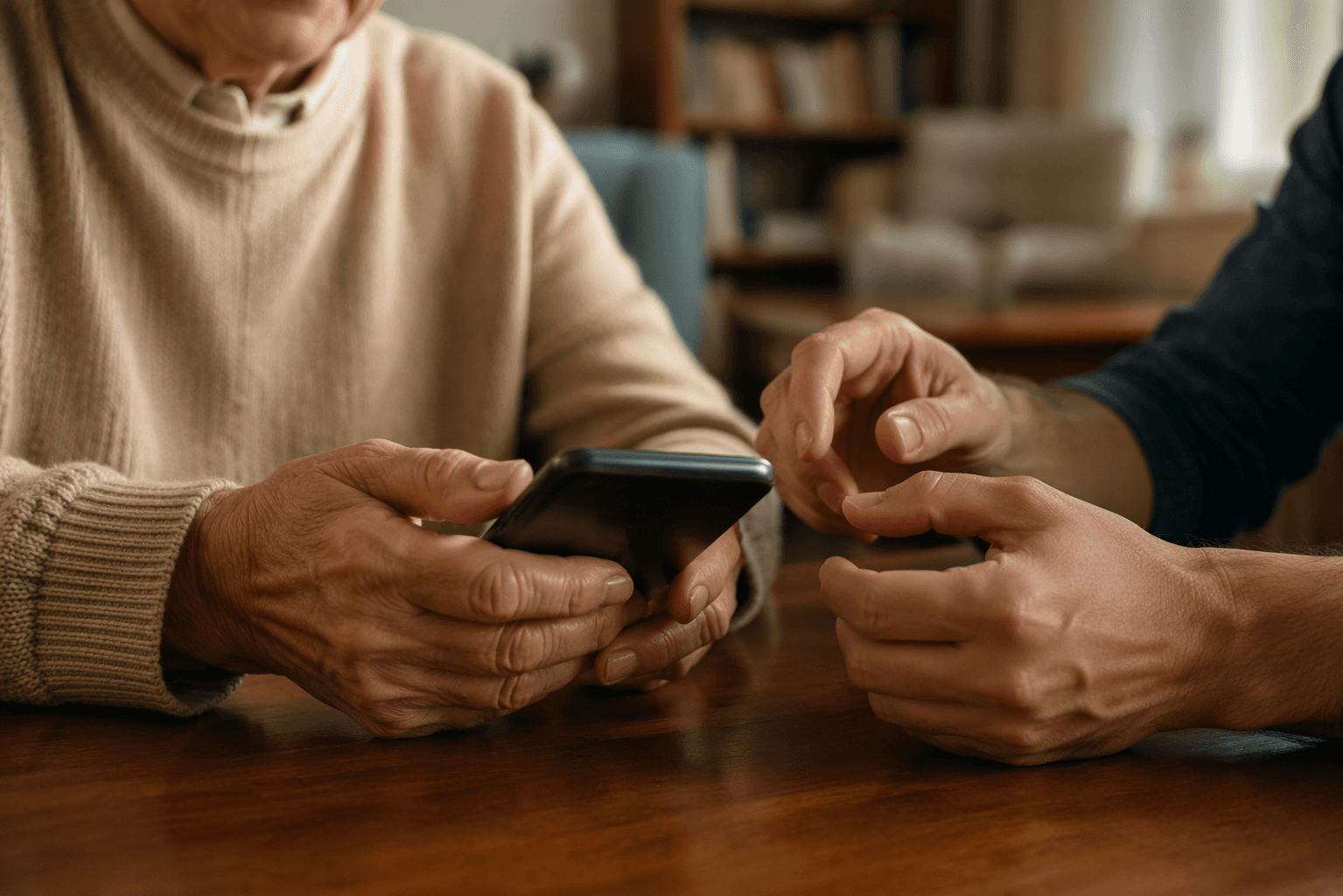 An older person holds a smartphone while a middle-aged adult keeps their hands nearby without taking over