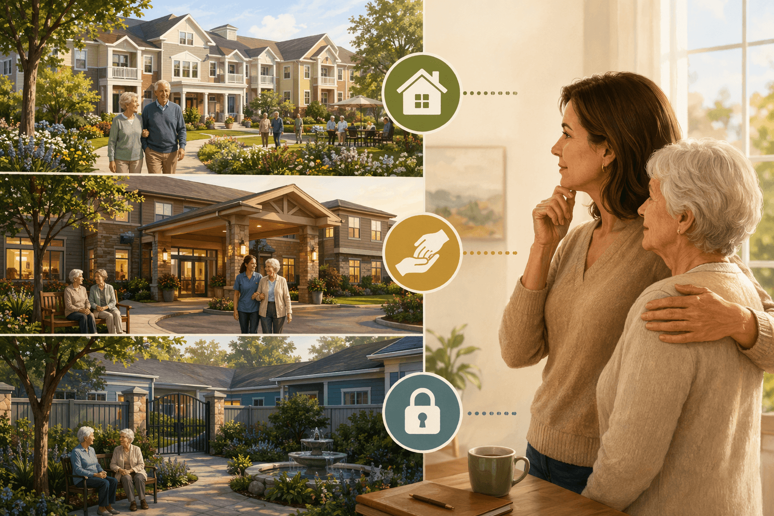 Split-composition illustration showing three distinct senior living building types on the left and an adult child with an older parent on the right, with icons suggesting security, caregiving, and home.
