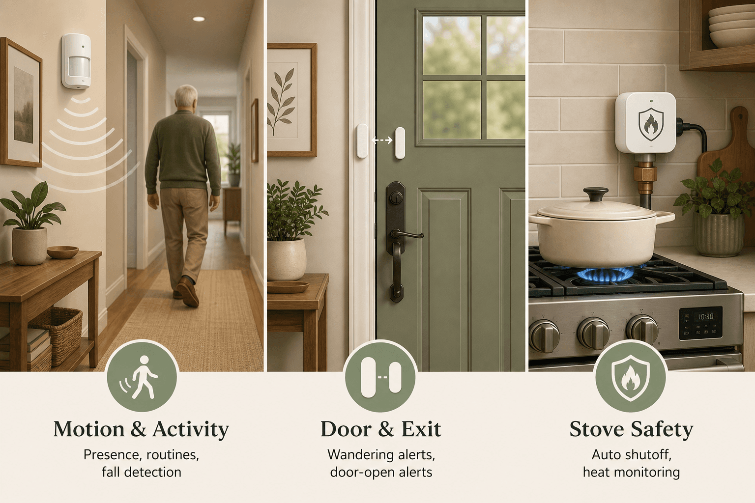 A triptych editorial illustration showing three sensor layers: left panel shows a hallway with a PIR motion sensor detecting motion waves, center panel shows a front door with a magnetic contact sensor, right panel shows a kitchen stove with a safety shutoff device and flame shield icon. Warm earth tones with clean illustrative style.