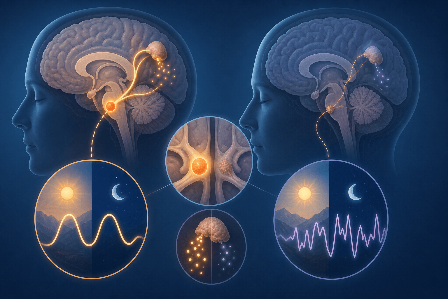 A simplified brain cross-section diagram with the suprachiasmatic nucleus highlighted in glowing orange above the optic chiasm, with pathways branching to the pineal gland. One side shows a healthy SCN with balanced day/night rhythm waves; the other side shows a degenerated SCN with disrupted, erratic rhythm lines.