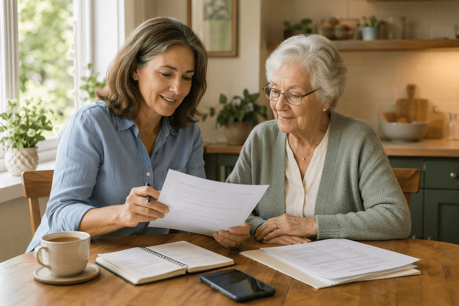 A middle-aged daughter and her elderly parent sit at a kitchen table reviewing papers together. A notepad, smartphone, and cup of tea rest on the table. Soft natural light from a window illuminates the scene, which conveys calm collaboration and thoughtful care-planning in a warm home setting.