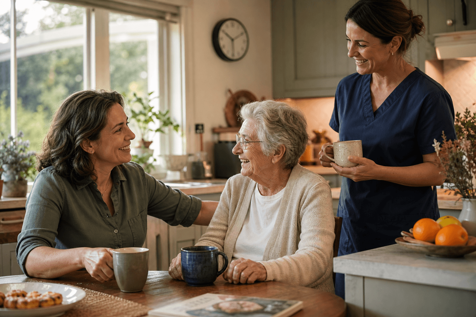 A middle-aged woman sits at a kitchen table smiling at her elderly mother while a caregiver stands nearby holding a teacup.