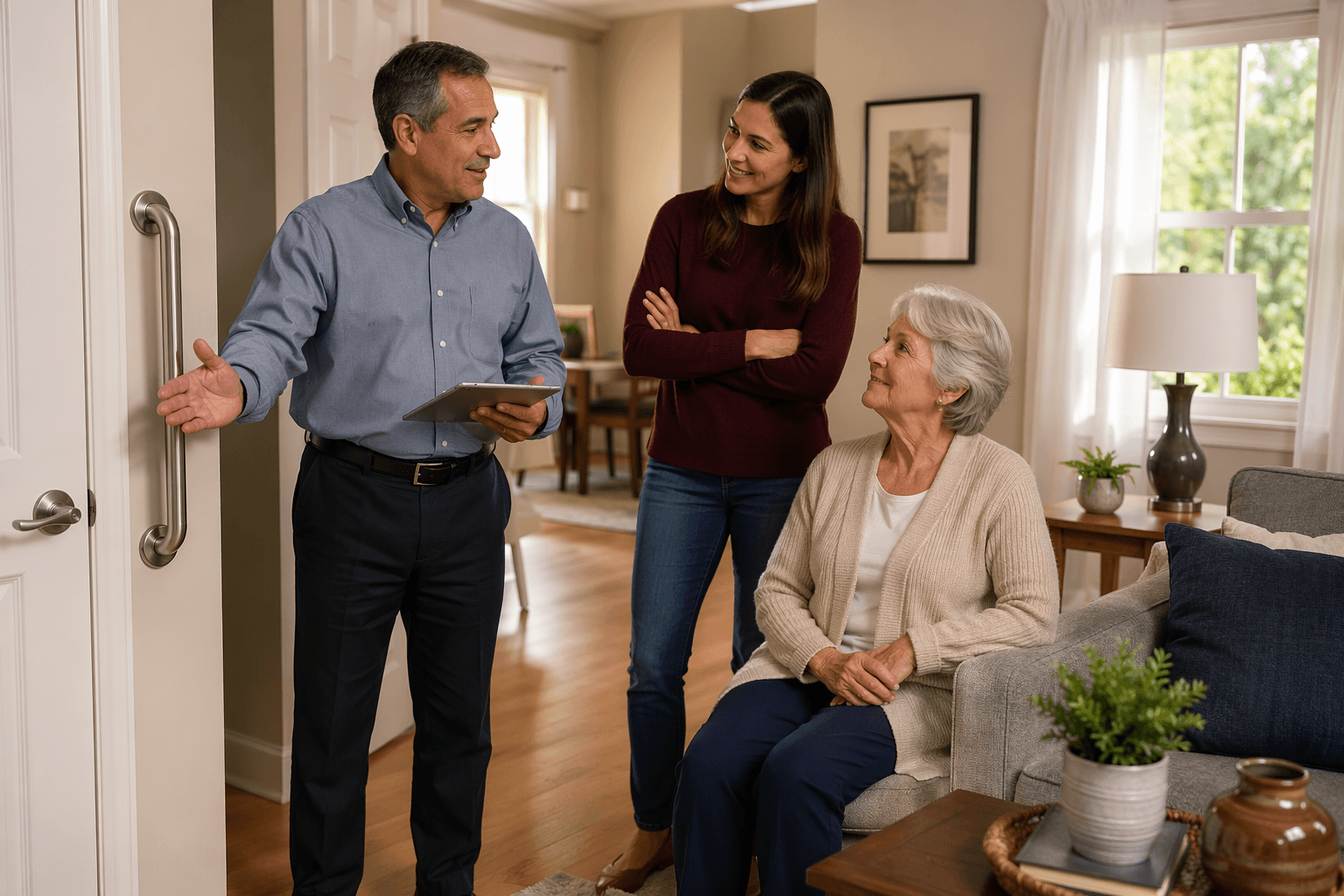 A CAPS-certified professional in a collared shirt with a badge uses a tablet while gesturing toward a grab bar near a doorway. An older adult with gray hair sits on a sofa, and an adult child stands nearby engaged in the conversation. The room has lever-style door handles and clear pathways.