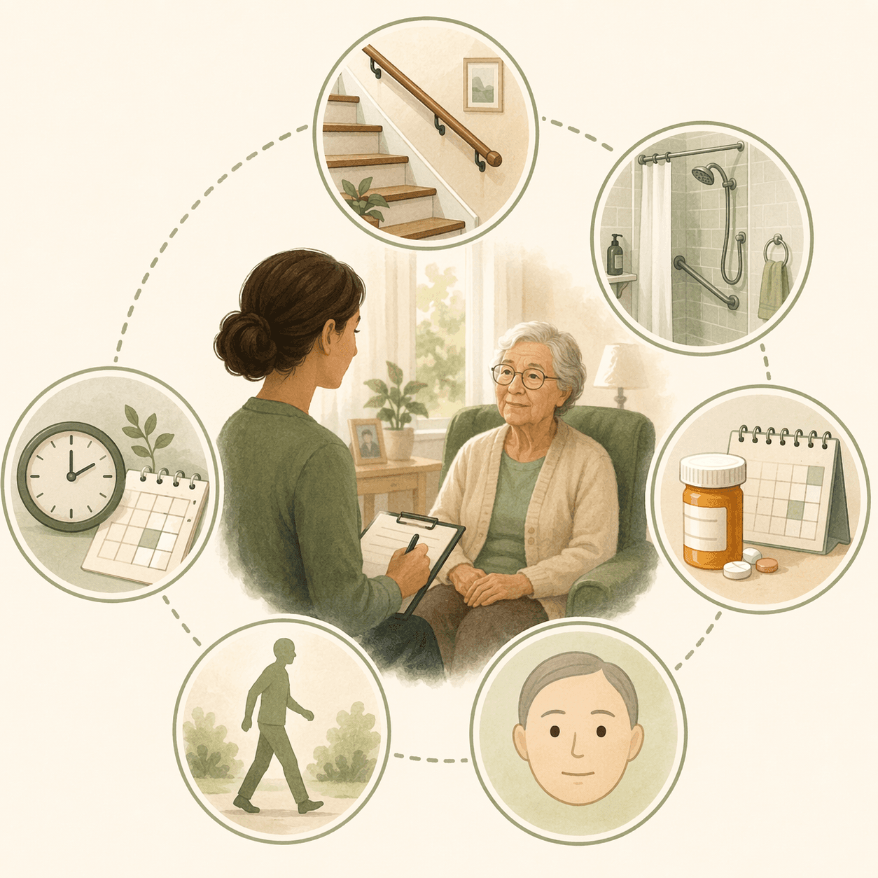 Six caregiving assessment icons for home safety, hygiene, medication, mood, mobility, and memory