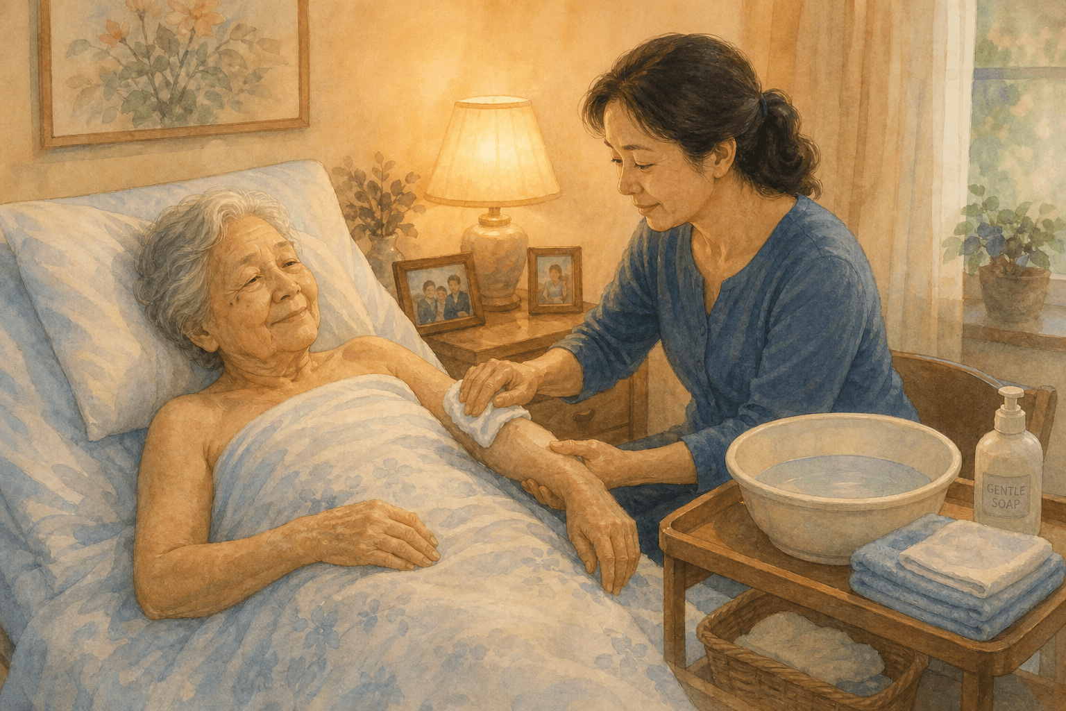 A soft digital illustration of a caregiver sitting beside a bed, gently washing an older adult's arm with a washcloth. The older adult lies comfortably under a sheet and towel. A basin of water, a washcloth, and soap are arranged on a bedside cart. Warm lamplight, beige and blue tones, calm and dignified atmosphere.