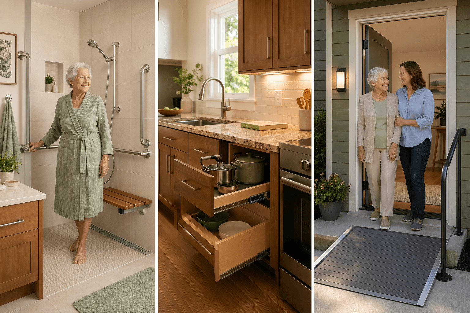 Multi-panel residential scene showing a curbless walk-in shower with grab bars, a kitchen with lever-handle faucets, and an entryway with a zero-step ramp where an adult child and older parent stand together.