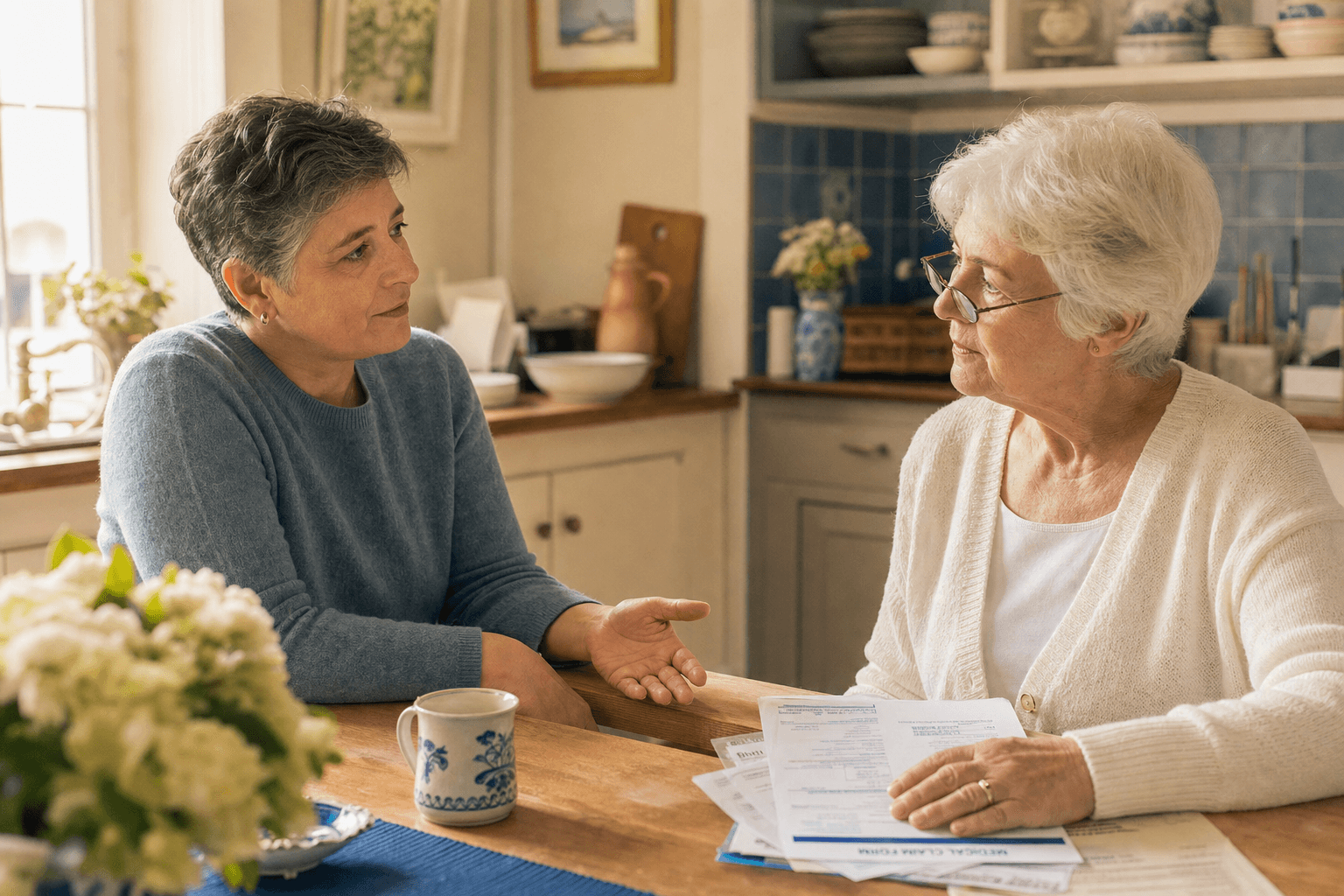 An adult child and elderly parent sit at a wooden kitchen table with a ceramic teacup between them. The parent's hand rests on a small stack of papers including bills and a medical form. The adult child extends an open hand across the table without touching, conveying patience and respect.