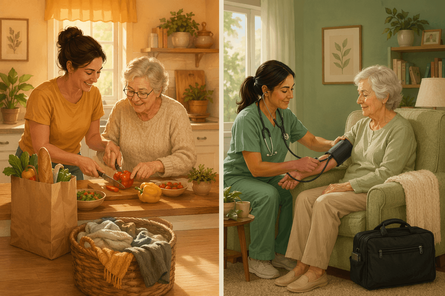 A side-by-side editorial illustration. On the left, a casually-dressed caregiver and an older adult prepare a meal together in a kitchen with warm amber tones, with a shopping bag and laundry nearby. On the right, a medical professional in scrubs checks an older adult's blood pressure in a home setting with sage green tones.